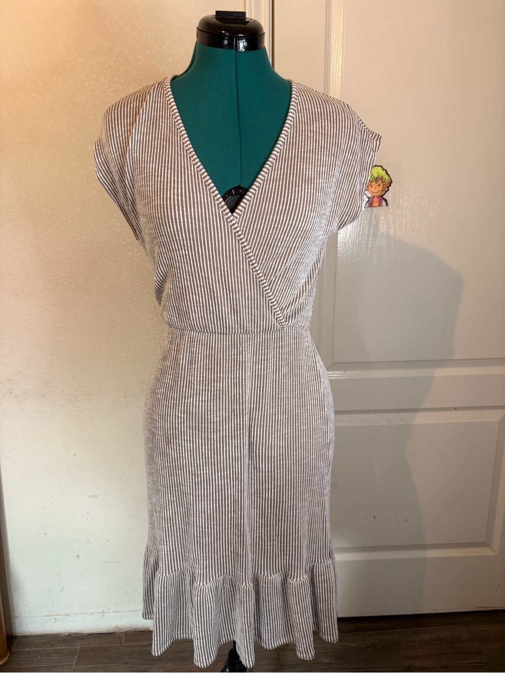 Caution To The Wind Beige Striped Wrap-Style Midi Dress